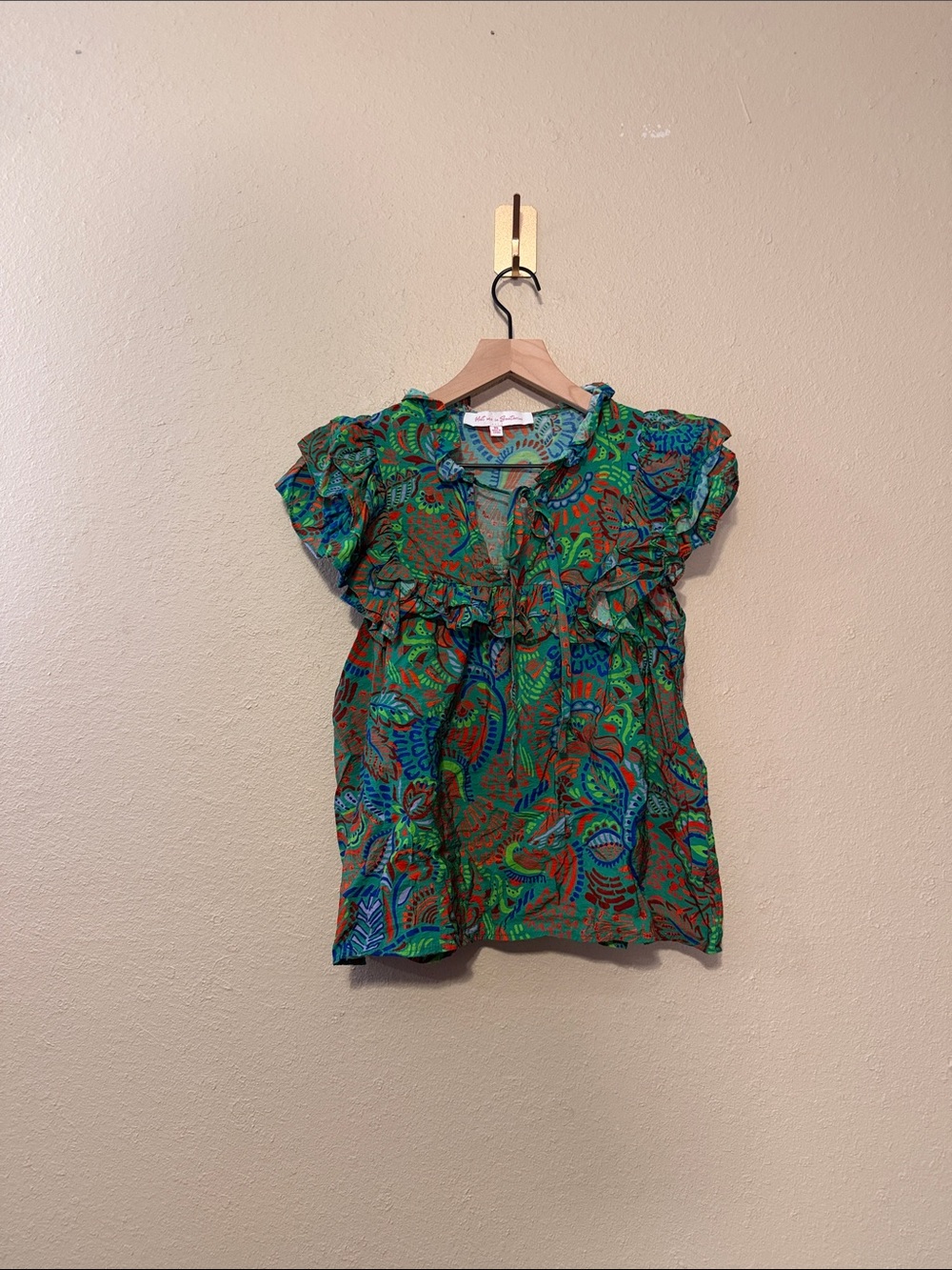 Meet Me In Santorini Floral Ruffle Blouse in Green and Blue Size XS